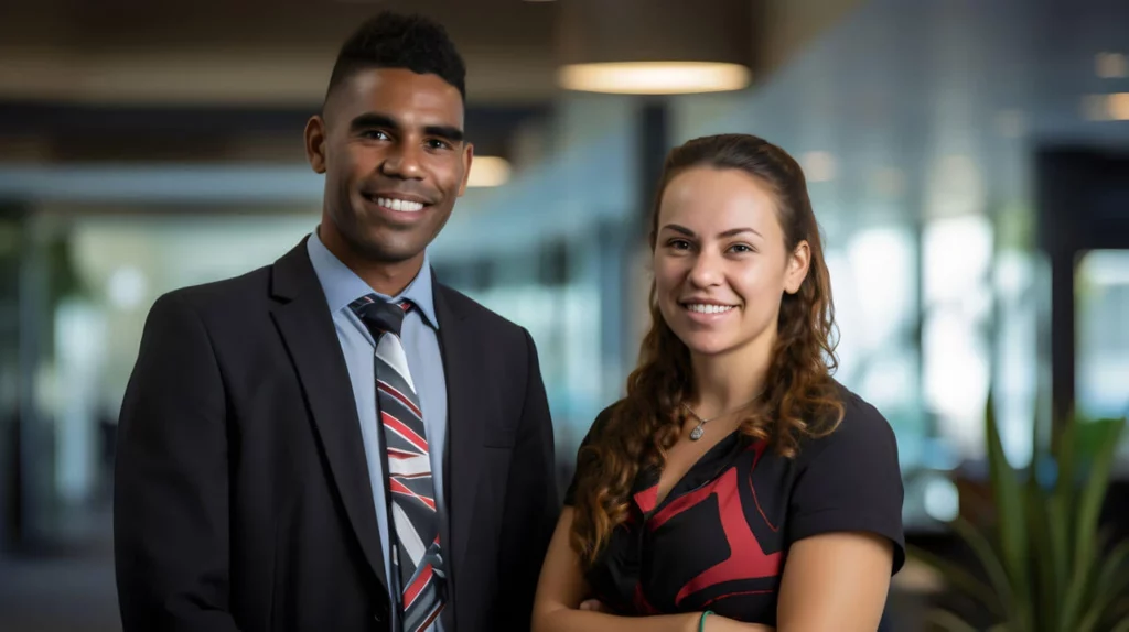 Two professionally dressed people, a man in a suit and tie and a woman in a black and red dress, stand smiling in a modern office featuring sleek sustainable surfaces.