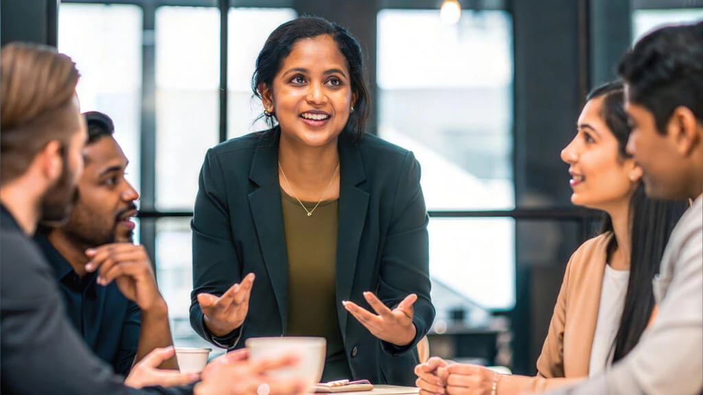 A woman in a blazer stands and speaks confidently at a table with four colleagues, who are listening attentively in a modern office setting.