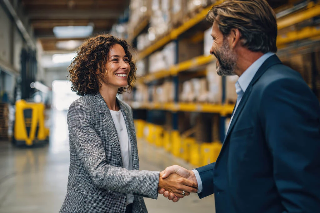 A woman and a man in business attire smile and shake hands in a warehouse with shelves of boxes in the background, suggesting a successful business agreement or partnership.
