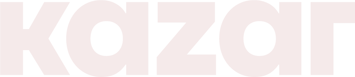 The image displays the word "KAZAR" in large, bold, light pink capital letters on a white background.