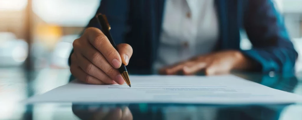 Close-up of a person’s hand holding a pen and signing or writing on a document placed on a table, with a blurred background.